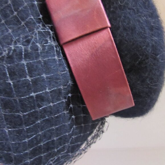 SALE  Vintage Hat  Bucket or Lampshade Style Navy Felt Burgundy Bow